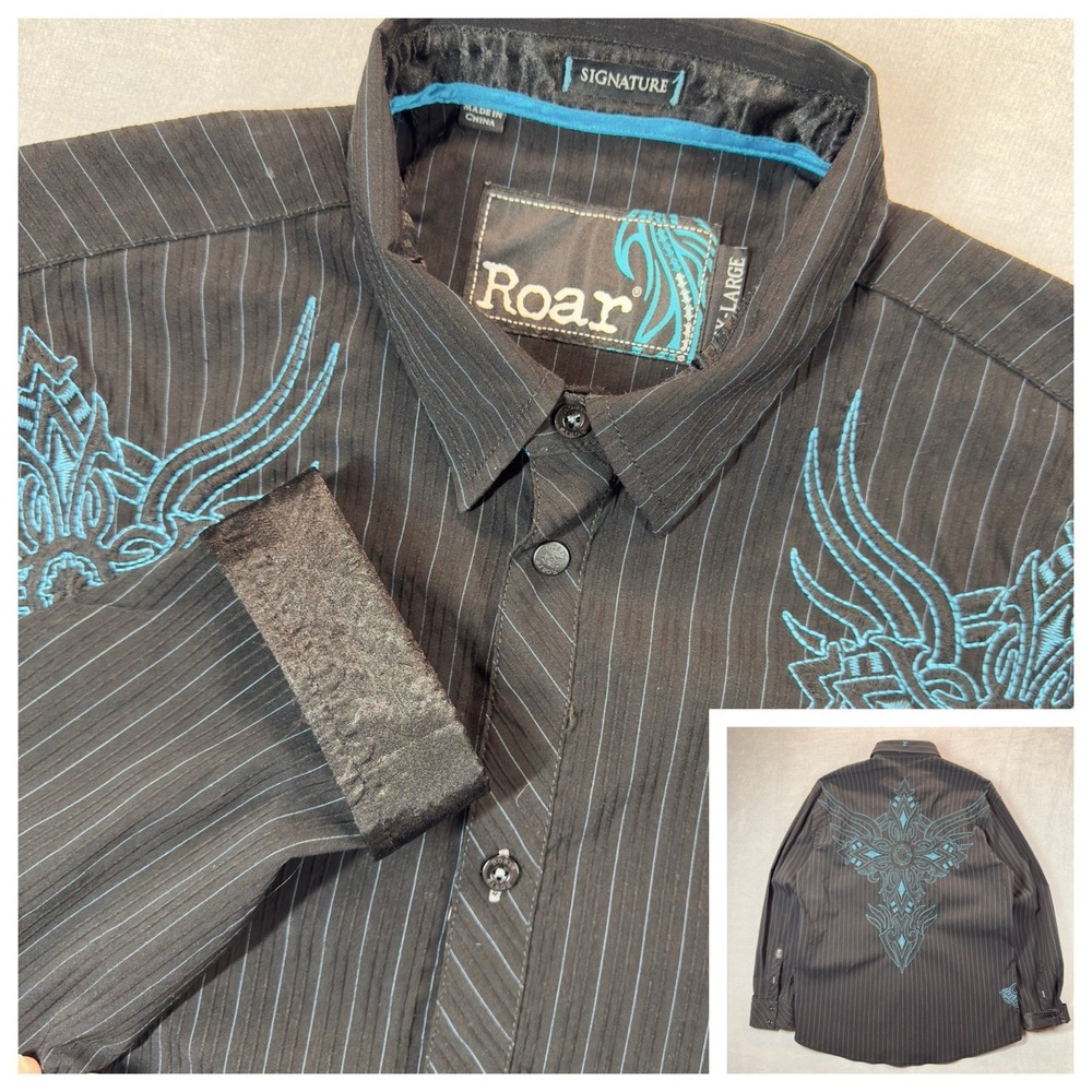 Roar Signature‎ Shirt Men XXL Black Striped Blue Embroidered Stretch Flip Cuff